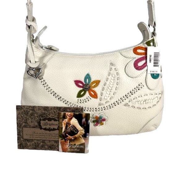 Brighton Cream White Pebbled Leather Floral Braided Strap Hobo Shoulder Bag RARE